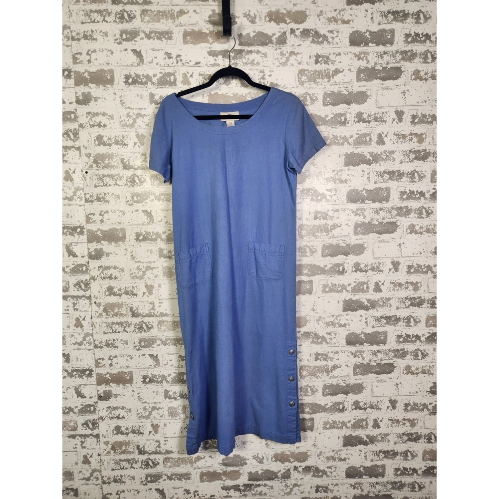 Vintage 90s Original TY Wear Dress Blue‎ Linen Size Small Short Sleeve Midi